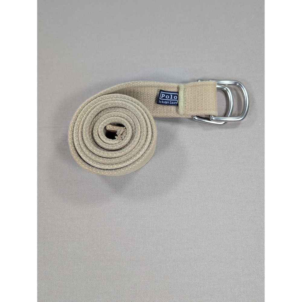 Polo Ralph Lauren Belt Mens 50" Khaki Canvas Webbed D-Ring Leather Tip Pony